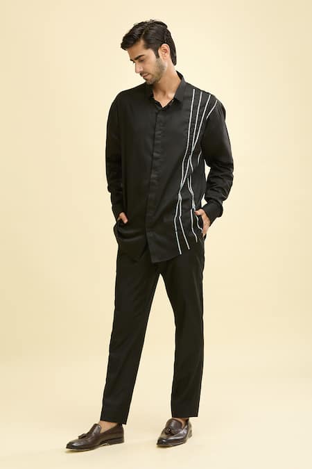 Shop_Sanjana Reddy Designs_Black Embroidery Placement Striped Shirt_Online_at_Aza_Fashions