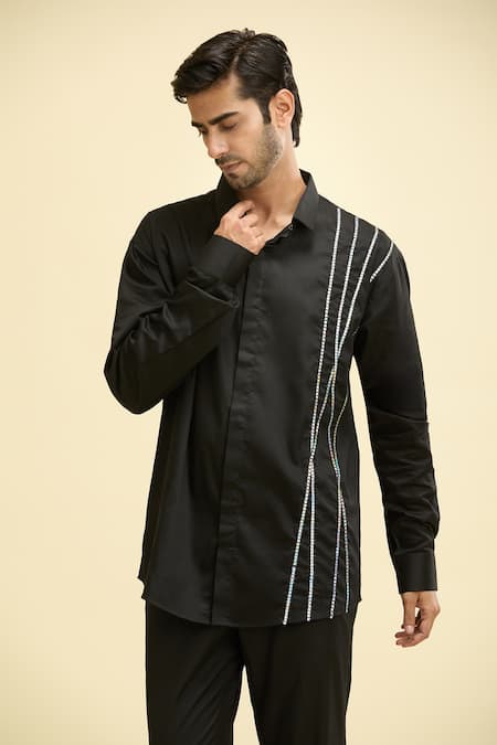 Sanjana Reddy Designs_Black Embroidery Placement Striped Shirt_at_Aza_Fashions
