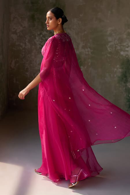 Shop_Zoon_Pink Silk Organza Sequins, Cut Work, Embroidery Border Jacket Palazzo Set _at_Aza_Fashions
