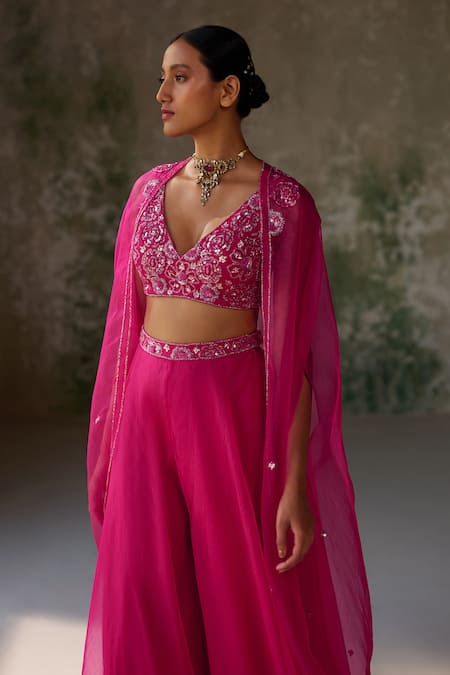 Zoon_Pink Silk Organza Sequins, Cut Work, Embroidery Border Jacket Palazzo Set _Online_at_Aza_Fashions