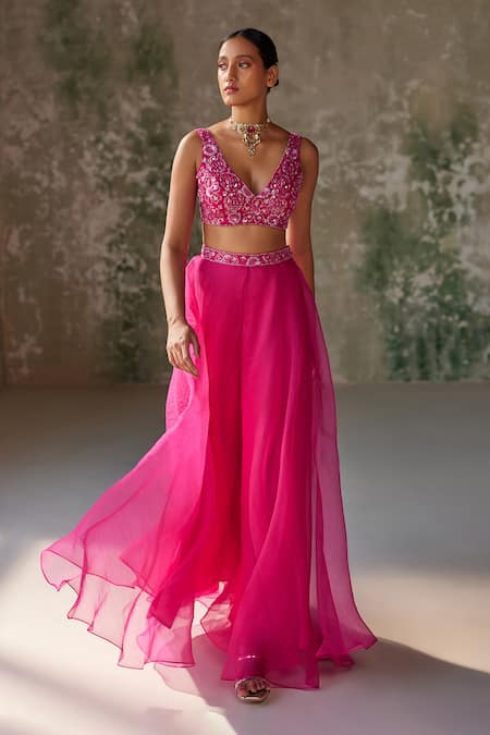 Buy_Zoon_Pink Silk Organza Sequins, Cut Work, Embroidery Border Jacket Palazzo Set _Online_at_Aza_Fashions