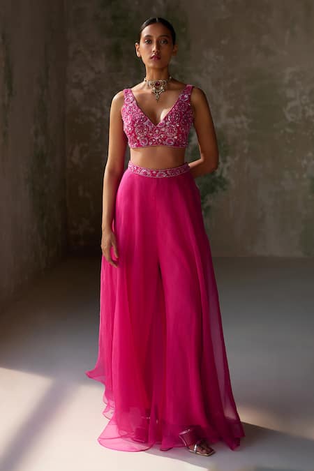 Shop_Zoon_Pink Silk Organza Sequins, Cut Work, Embroidery Border Jacket Palazzo Set _Online_at_Aza_Fashions