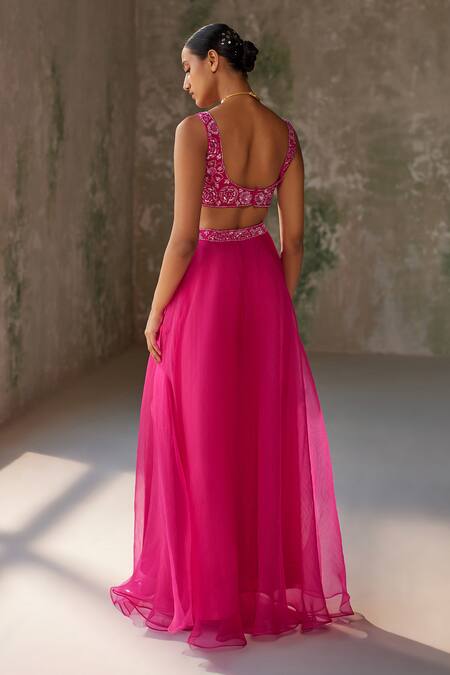 Zoon_Pink Silk Organza Sequins, Cut Work, Embroidery Border Jacket Palazzo Set _at_Aza_Fashions