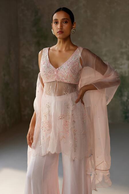 Zoon Pink Silk Organza, Chiffon Embroidery, Sequins V-neck Peplum Top Sharara Set Online at Aza Fashions Zoon_Pink Silk Organza, Chiffon Embroidery, Sequins V-neck Peplum Top Sharara Set _Online_at_Aza_Fashions