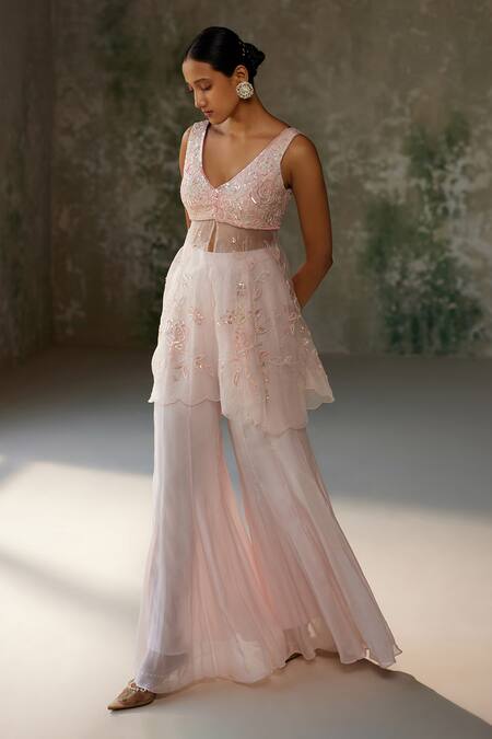Shop Zoon Pink Silk Organza, Chiffon Embroidery, Sequins V-neck Peplum Top Sharara Set Online at Aza Fashions Shop_Zoon_Pink Silk Organza, Chiffon Embroidery, Sequins V-neck Peplum Top Sharara Set _Online_at_Aza_Fashions