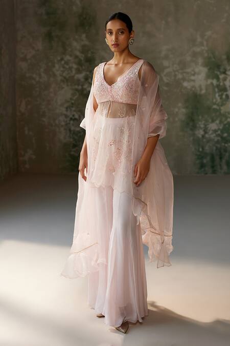 Zoon Pink Silk Organza, Chiffon Embroidery, Sequins V-neck Peplum Top Sharara Set at Aza Fashions Zoon_Pink Silk Organza, Chiffon Embroidery, Sequins V-neck Peplum Top Sharara Set _at_Aza_Fashions