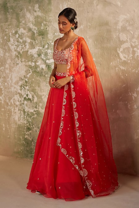Zoon_Red Silk , Cut Work, Sequins, Embroidery Aari Skirt Blouse Set _Online_at_Aza_Fashions