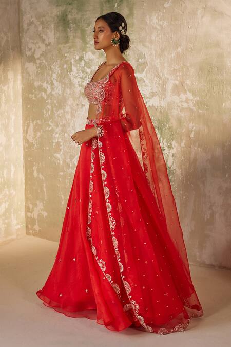 Buy_Zoon_Red Silk , Cut Work, Sequins, Embroidery Aari Skirt Blouse Set _Online_at_Aza_Fashions