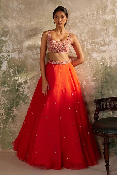 Shop_Zoon_Red Silk , Cut Work, Sequins, Embroidery Aari Skirt Blouse Set _Online_at_Aza_Fashions