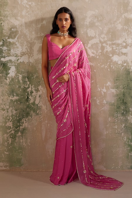 Zoon_Pink Satin, Chiffon Beads, Sequins Embroidered Pre-stitched Saree With Blouse _Online_at_Aza_Fashions