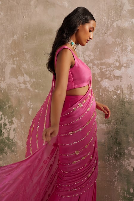 Shop_Zoon_Pink Satin, Chiffon Beads, Sequins Embroidered Pre-stitched Saree With Blouse _Online_at_Aza_Fashions