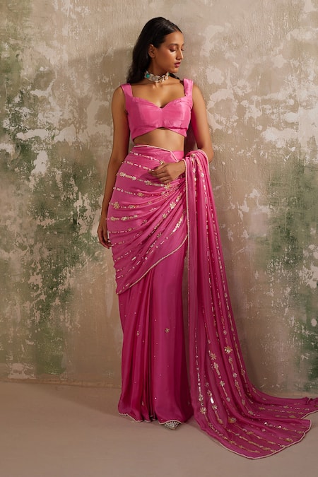 Zoon_Pink Satin, Chiffon Beads, Sequins Embroidered Pre-stitched Saree With Blouse _at_Aza_Fashions