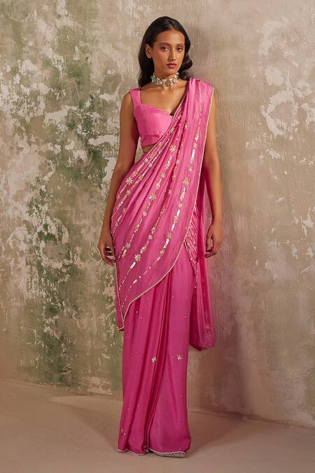 Buy_Zoon_Pink Satin, Chiffon Beads, Sequins Embroidered Pre-stitched Saree With Blouse 
