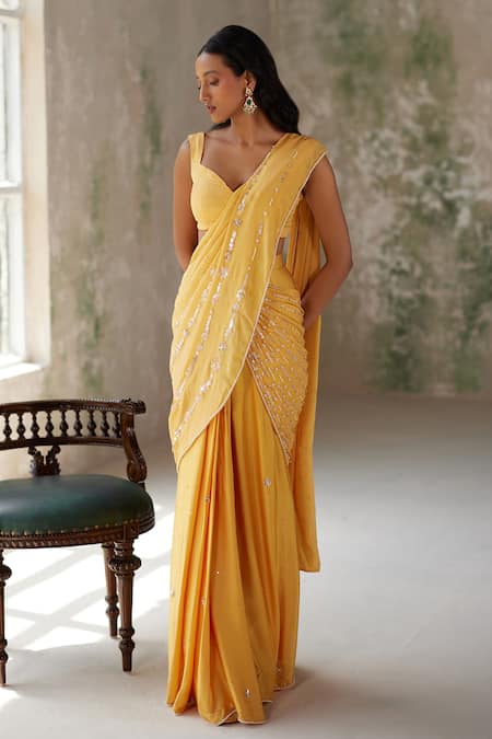 Zoon Yellow Chiffon, Crepe, Satin Stripe Embroidered Pre-stitched Saree With Blouse Online at Aza Fashions Zoon_Yellow Chiffon, Crepe, Satin Stripe Embroidered Pre-stitched Saree With Blouse _Online_at_Aza_Fashions