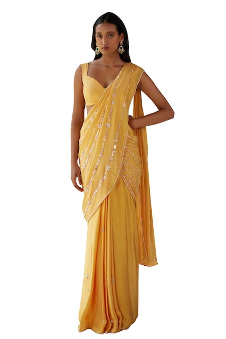 Buy Zoon Yellow Chiffon, Crepe, Satin Stripe Embroidered Pre-stitched Saree With Blouse Online at Aza Fashions Buy_Zoon_Yellow Chiffon, Crepe, Satin Stripe Embroidered Pre-stitched Saree With Blouse _Online_at_Aza_Fashions
