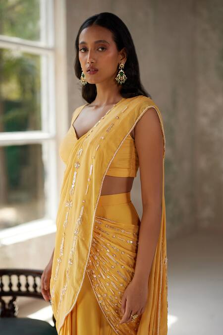 Shop Zoon Yellow Chiffon, Crepe, Satin Stripe Embroidered Pre-stitched Saree With Blouse Online at Aza Fashions Shop_Zoon_Yellow Chiffon, Crepe, Satin Stripe Embroidered Pre-stitched Saree With Blouse _Online_at_Aza_Fashions