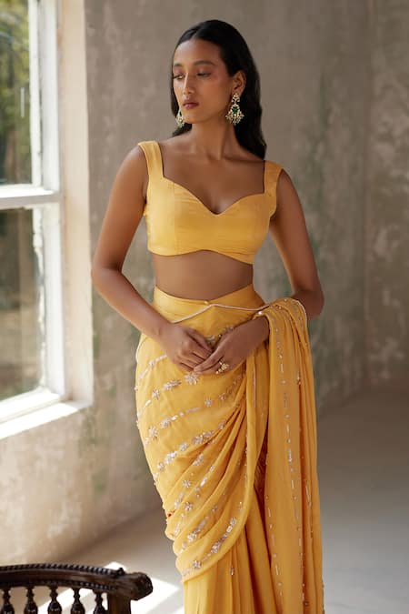 Shop Zoon Yellow Chiffon, Crepe, Satin Stripe Embroidered Pre-stitched Saree With Blouse Shop_Zoon_Yellow Chiffon, Crepe, Satin Stripe Embroidered Pre-stitched Saree With Blouse
