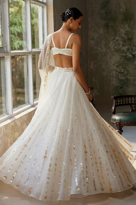 Shop_Zoon_Ivory Silk Organza, Crepe Sequins, Embroidery Sweetheart Neck Skirt Set _at_Aza_Fashions