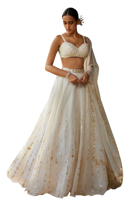 Zoon_Ivory Silk Organza, Crepe Sequins, Embroidery Sweetheart Neck Skirt Set _Online_at_Aza_Fashions