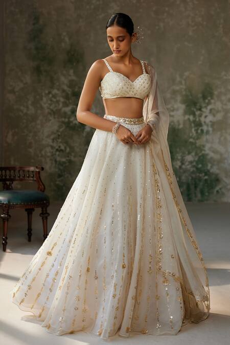 Buy_Zoon_Ivory Silk Organza, Crepe Sequins, Embroidery Sweetheart Neck Skirt Set _Online_at_Aza_Fashions