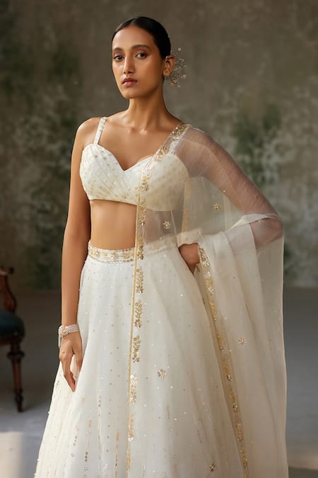 Shop_Zoon_Ivory Silk Organza, Crepe Sequins, Embroidery Sweetheart Neck Skirt Set _Online_at_Aza_Fashions