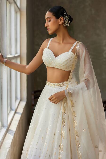 Zoon_Ivory Silk Organza, Crepe Sequins, Embroidery Sweetheart Neck Skirt Set _at_Aza_Fashions