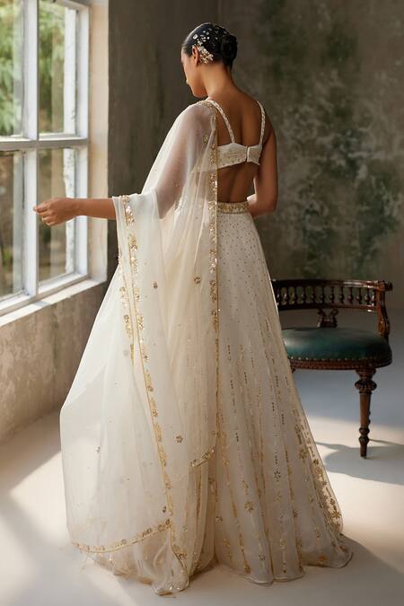 Shop_Zoon_Ivory Silk Organza, Crepe Sequins, Embroidery Sweetheart Neck Skirt Set 
