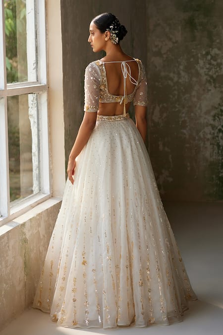 Shop_Zoon_Ivory Net, Crepe, Silk Organza Sequins, Embroidery Aari Hand Skirt Blouse Set _at_Aza_Fashions