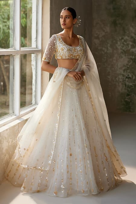 Zoon_Ivory Net, Crepe, Silk Organza Sequins, Embroidery Aari Hand Skirt Blouse Set _Online_at_Aza_Fashions