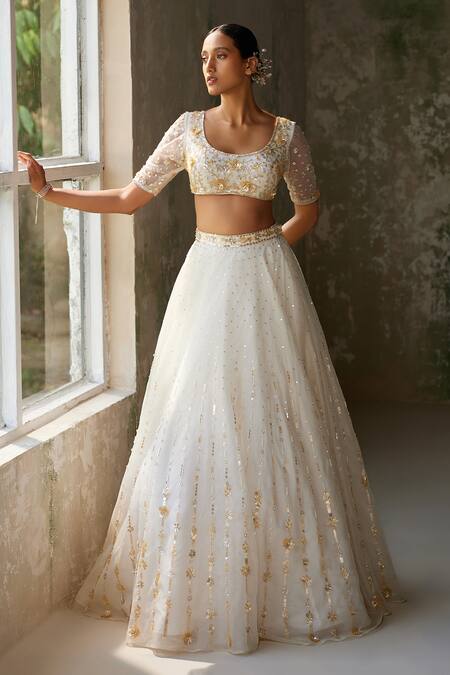 Buy_Zoon_Ivory Net, Crepe, Silk Organza Sequins, Embroidery Aari Hand Skirt Blouse Set _Online_at_Aza_Fashions