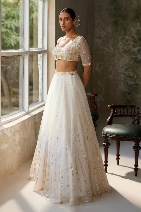 Shop_Zoon_Ivory Net, Crepe, Silk Organza Sequins, Embroidery Aari Hand Skirt Blouse Set _Online_at_Aza_Fashions