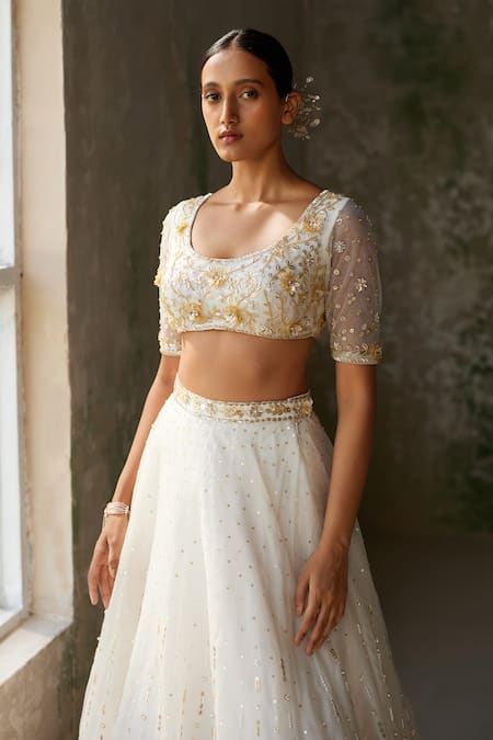 Shop_Zoon_Ivory Net, Crepe, Silk Organza Sequins, Embroidery Aari Hand Skirt Blouse Set 