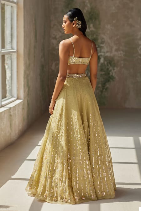 Shop Zoon Green Silk Organza Sequins, Applique, Embroidery Sweetheart Thread Lehenga Set at Aza Fashions Shop_Zoon_Green Silk Organza Sequins, Applique, Embroidery Sweetheart Thread Lehenga Set _at_Aza_Fashions