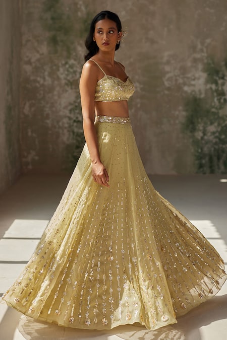 Shop Zoon Green Silk Organza Sequins, Applique, Embroidery Sweetheart Thread Lehenga Set Online at Aza Fashions Shop_Zoon_Green Silk Organza Sequins, Applique, Embroidery Sweetheart Thread Lehenga Set _Online_at_Aza_Fashions