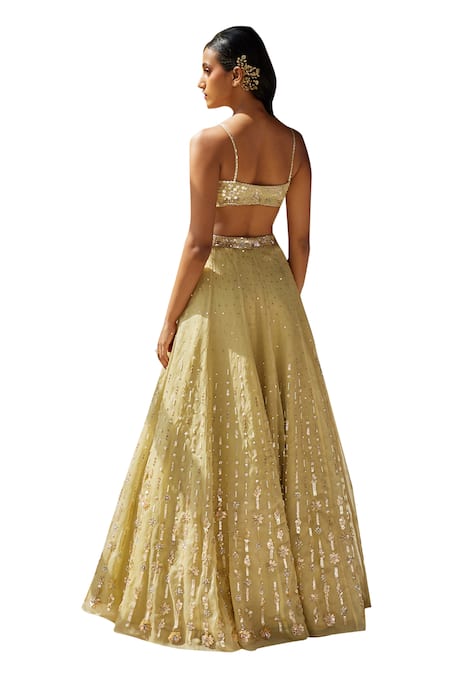 Buy Zoon Green Silk Organza Sequins, Applique, Embroidery Sweetheart Thread Lehenga Set Buy_Zoon_Green Silk Organza Sequins, Applique, Embroidery Sweetheart Thread Lehenga Set