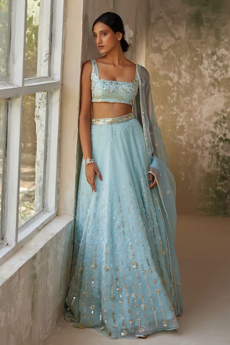 Zoon Blue Pure Silk Organza Embroidery Aari Square Neck Work Lehenga Set 