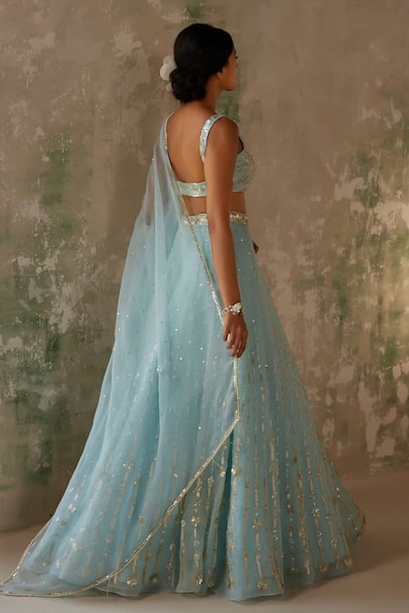 Shop_Zoon_Blue Pure Silk Organza Embroidery Aari Square Neck Work Lehenga Set _at_Aza_Fashions