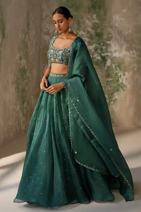 Zoon Emerald Green Pure Silk Organza Embroidery Aari Scattered Sequin Skirt Set 