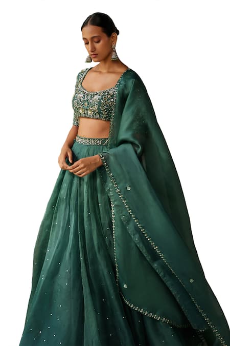 Zoon_Emerald Green Silk Organza Sequins, Embroidery Scoop Neck Scattered Skirt Set _Online_at_Aza_Fashions