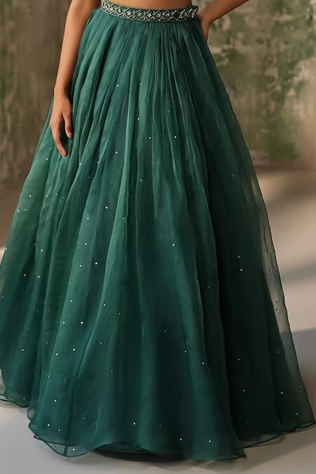 Shop_Zoon_Emerald Green Silk Organza Sequins, Embroidery Scoop Neck Scattered Skirt Set _Online_at_Aza_Fashions