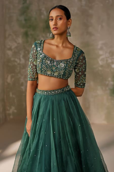 Zoon_Emerald Green Silk Organza Sequins, Embroidery Scoop Neck Scattered Skirt Set _at_Aza_Fashions