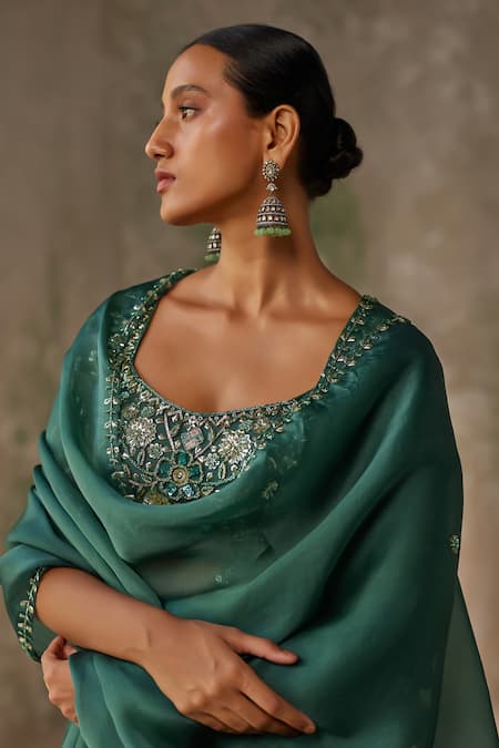 Shop_Zoon_Emerald Green Silk Organza Sequins, Embroidery Scoop Neck Scattered Skirt Set 
