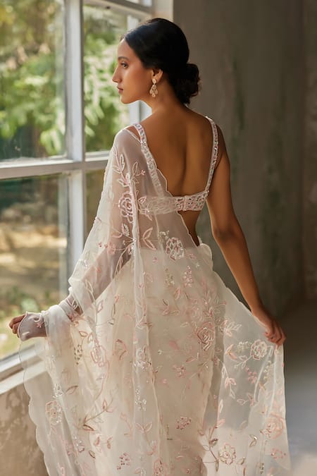 Buy_Zoon_Ivory Silk Organza, Net, Crepe Sequins, Embroidery Aari Saree With Blouse _Online_at_Aza_Fashions