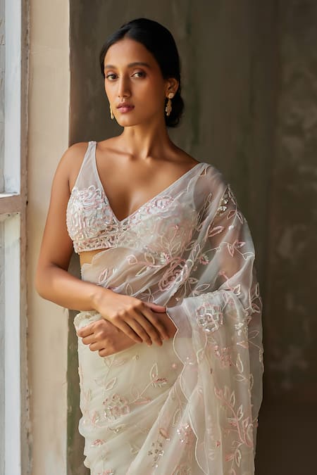Shop_Zoon_Ivory Silk Organza, Net, Crepe Sequins, Embroidery Aari Saree With Blouse _Online_at_Aza_Fashions