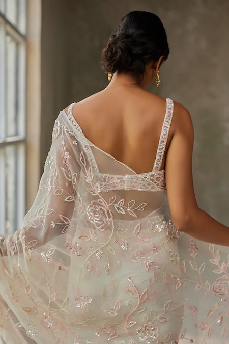 Zoon_Ivory Silk Organza, Net, Crepe Sequins, Embroidery Aari Saree With Blouse _at_Aza_Fashions