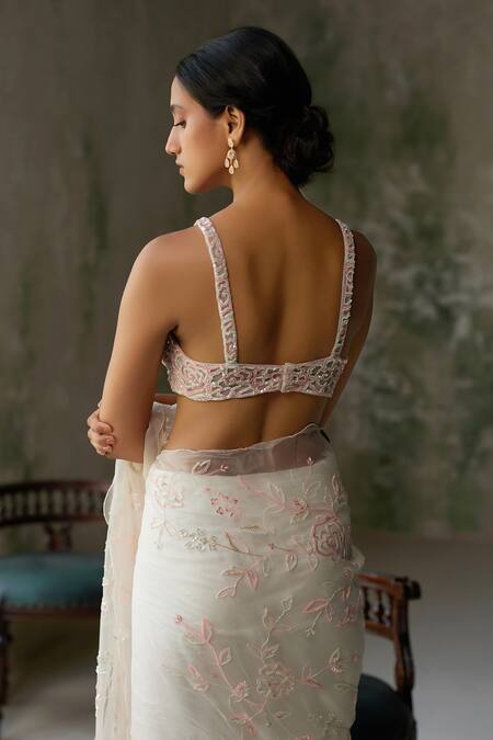 Buy_Zoon_Ivory Silk Organza, Net, Crepe Sequins, Embroidery Aari Saree With Blouse 