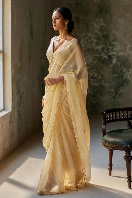Zoon Gold Organza, Embroidery Plunge Floral Placement Saree With Blouse Online at Aza Fashions Zoon_Gold Organza, Embroidery Plunge Floral Placement Saree With Blouse _Online_at_Aza_Fashions