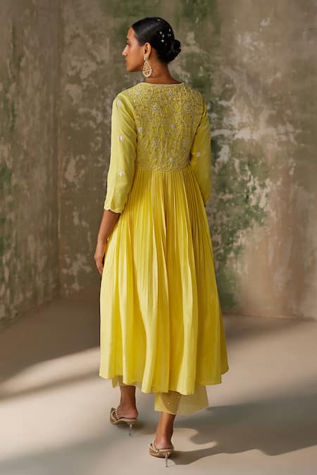 Shop Zoon Yellow , Cotton, Crepe, Organza Floral Embroidered Pleated Anarkali Set at Aza Fashions Shop_Zoon_Yellow , Cotton, Crepe, Organza Floral Embroidered Pleated Anarkali Set _at_Aza_Fashions
