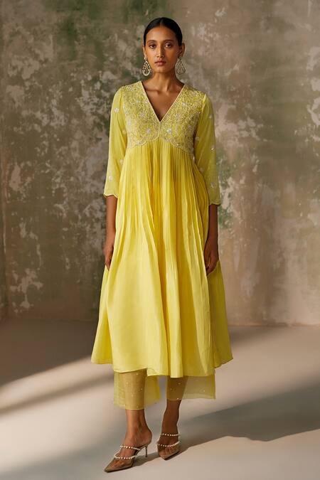 Zoon Yellow , Cotton, Crepe, Organza Floral Embroidered Pleated Anarkali Set Online at Aza Fashions Zoon_Yellow , Cotton, Crepe, Organza Floral Embroidered Pleated Anarkali Set _Online_at_Aza_Fashions