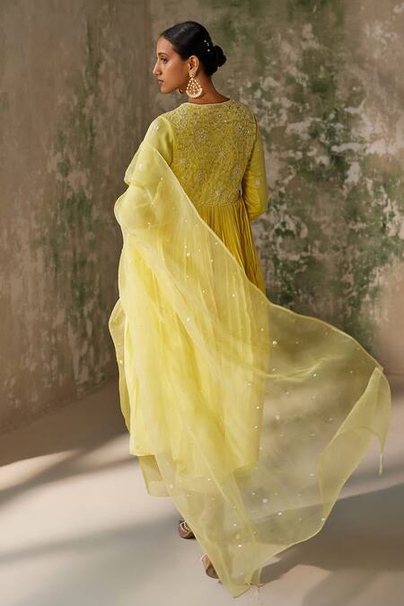 Shop Zoon Yellow , Cotton, Crepe, Organza Floral Embroidered Pleated Anarkali Set Online at Aza Fashions Shop_Zoon_Yellow , Cotton, Crepe, Organza Floral Embroidered Pleated Anarkali Set _Online_at_Aza_Fashions